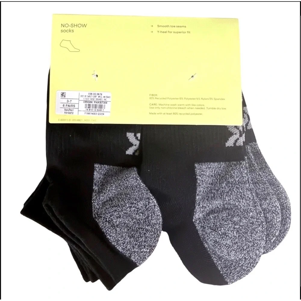 All in Motion Socks No-Show 2-Pack Black Shoe Size 3-7 Large 12 Pairs